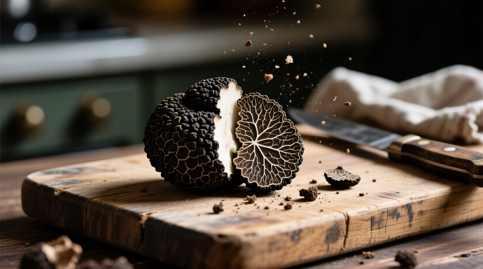 Fresh black truffle sliced on wooden cutting board