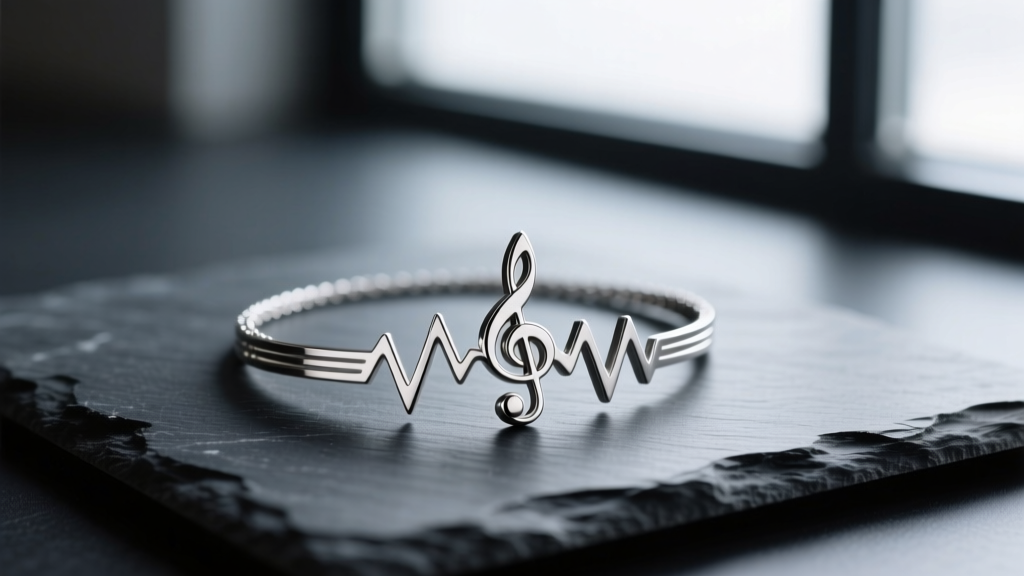 Macro shot of a laser-cut titanium sound wave music necklace on dark slate, highlighting sharp metallic edges and a brushed finish