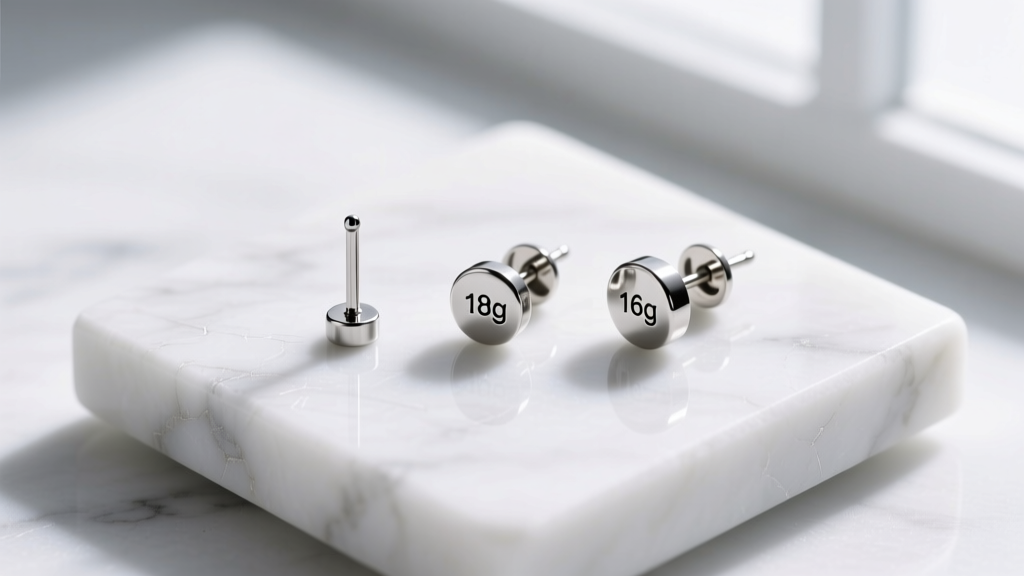 Macro shot of three titanium earring posts showing varying thicknesses, labeled 20g 18g and 16g, on a clean white marble slab.