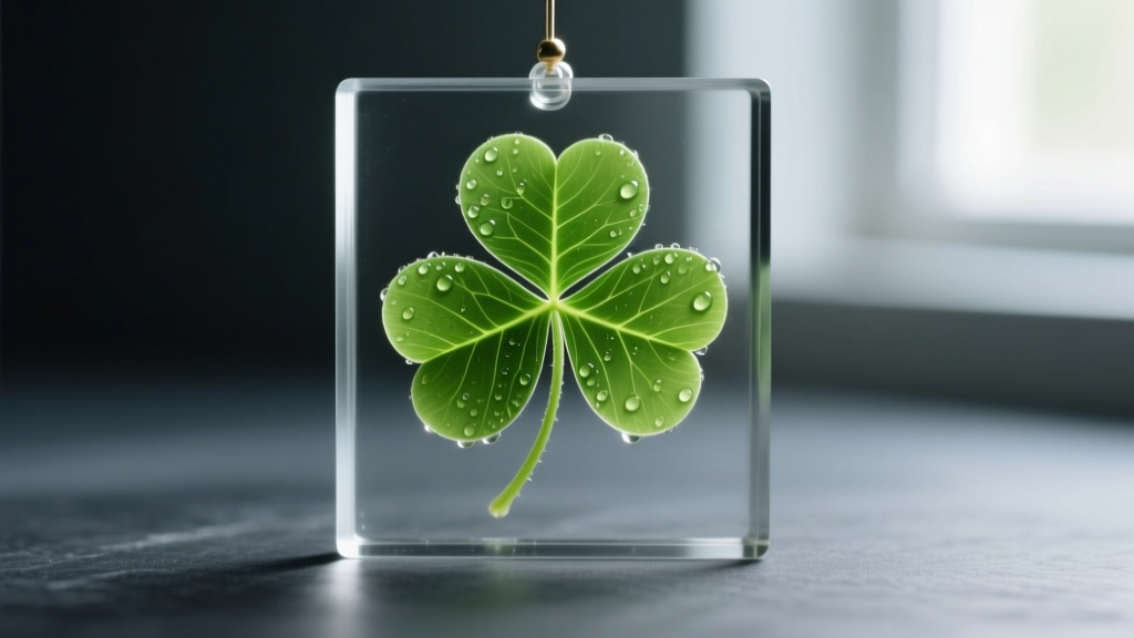 Macro view of a real four-leaf clover in clear resin, showing detailed green veins and natural textures on dark slate.