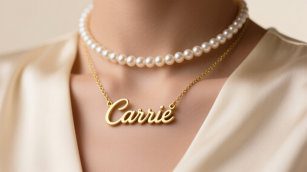 Close-up of a 14k gold Carrie script nameplate necklace layered with a pearl choker against a silk blouse in soft studio lighting