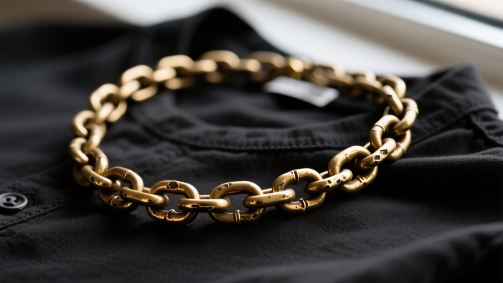 Raw brass 4mm rope chain necklace on a black shirt, showing the unpolished golden-brown patina and heavy industrial chain links.