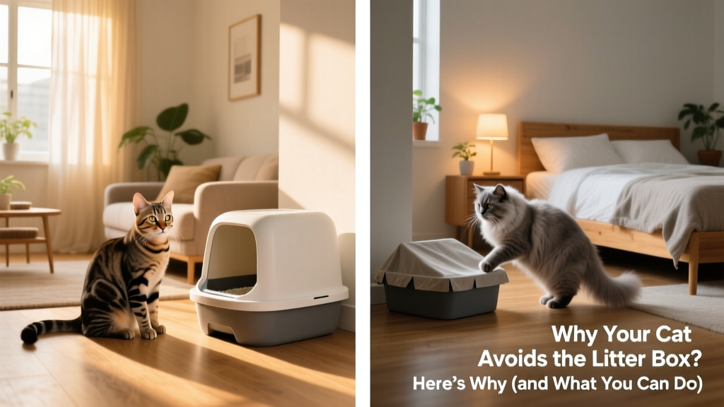 Two cats in separate rooms, each near their own litter box