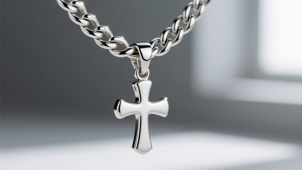 Macro shot of 4mm sterling silver Cuban link chain connecting to a knife cross pendant bail, highlighting interlocking links.