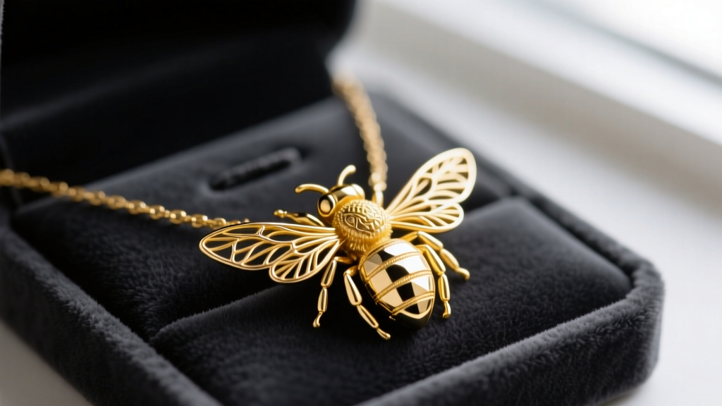 Macro shot of a delicate 14k yellow gold bee necklace with filigree wings resting on a dark charcoal velvet jewelry cleaning mat.