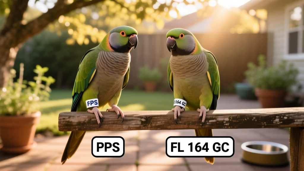Side-by-side comparison of a society-issued band (with FPS prefix) and a non-society band (FL 164 GC)