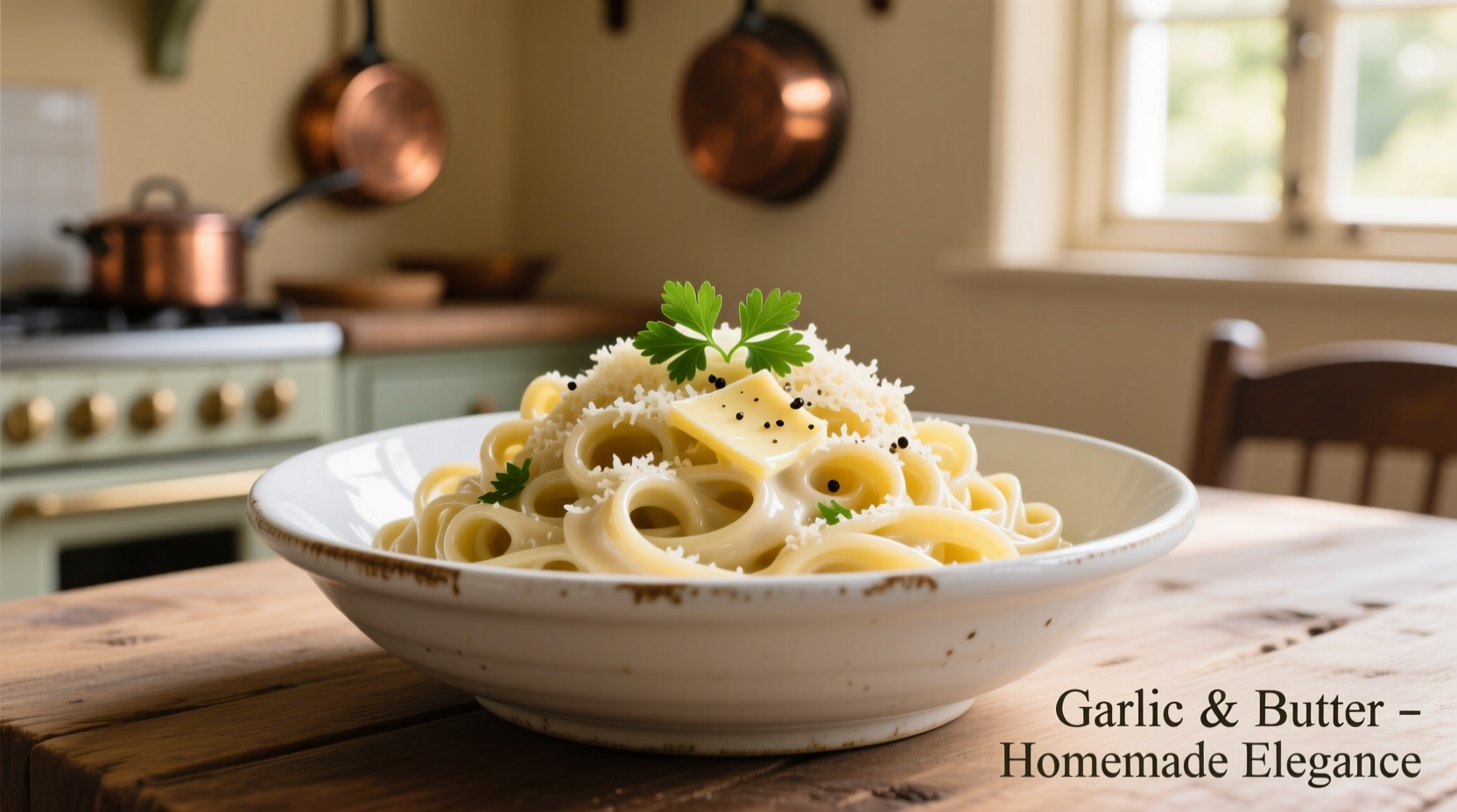 Creamy pasta with garlic sauce in white bowl