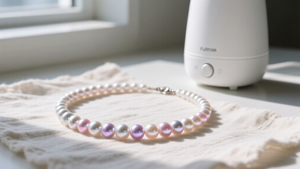 Macro shot of an Akoya pearl necklace resting flat on unbleached pH-neutral cotton muslin fabric beside a small room humidifier.