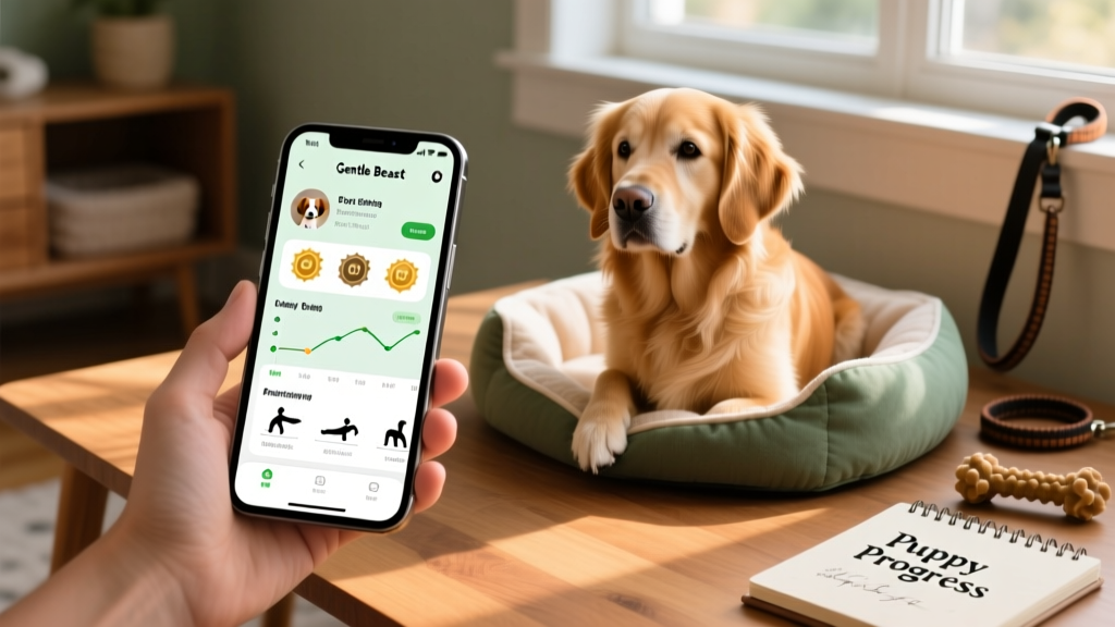 A smartphone showing the Gentle Beast app interface with a personalized training plan and progress tracker