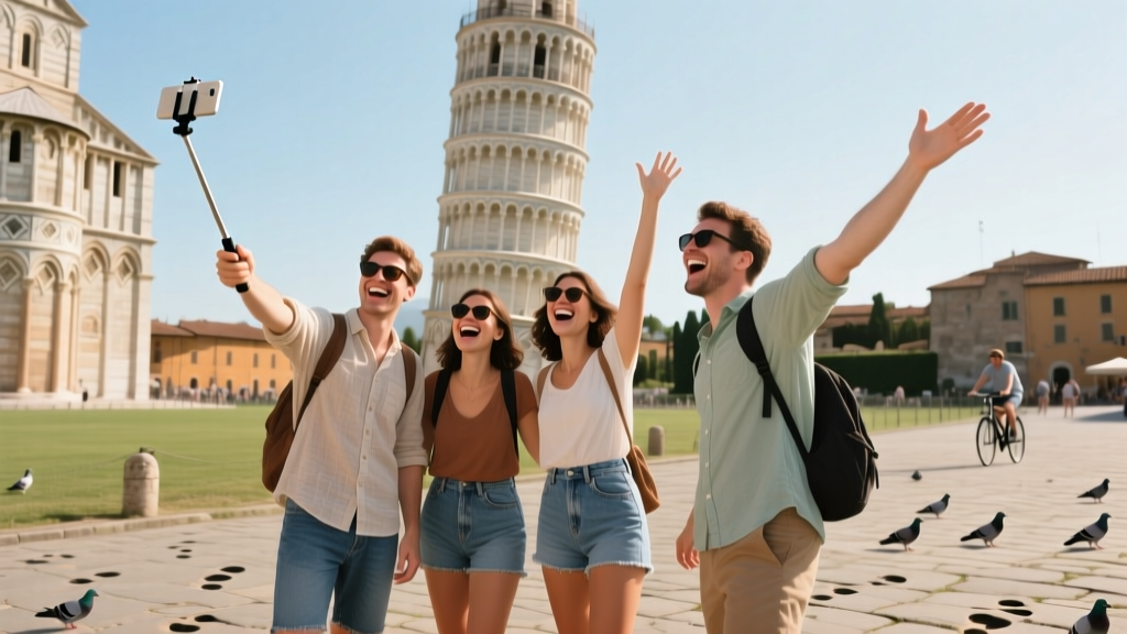 posing cheerily at the leaning tower in pisa, italy