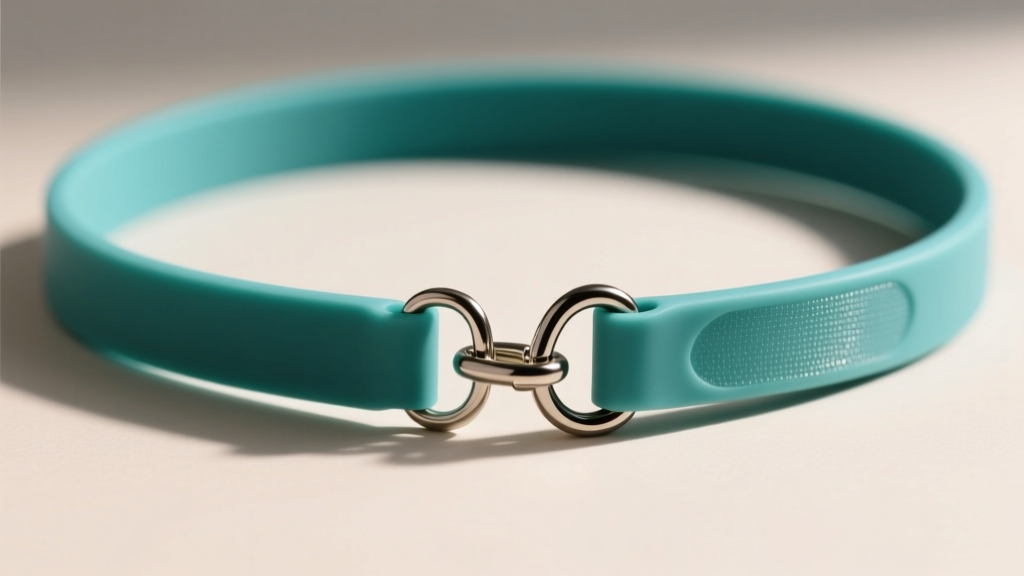Close-up of a teal silicone ID holder necklace strap showing the smooth texture and a sturdy steel swivel J-hook attachment point.