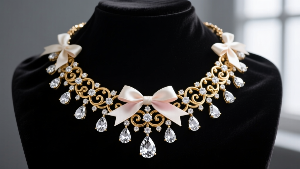 Lavish Rococo-revival diamond festoon necklace on dark velvet, featuring pear-shaped rose-cut diamonds and silk ribbon bow motifs.