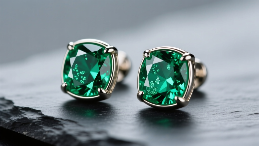 Close-up of bezel-set emerald stud earrings on dark slate, showing vivid green hues and natural jardin under soft studio lighting.