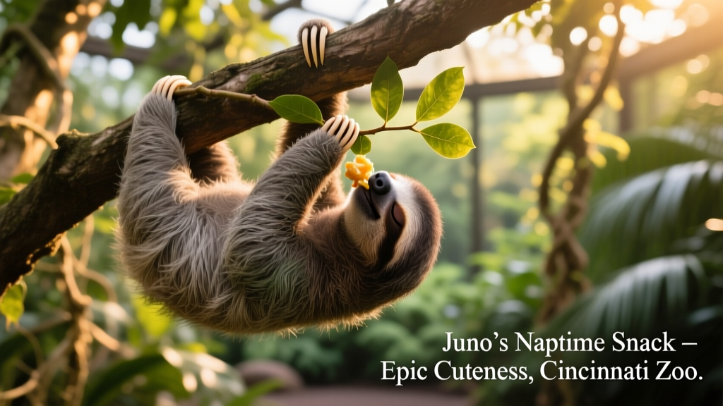 Baby sloth Juno clinging upside down to a tree branch, eyes closed mid-snack