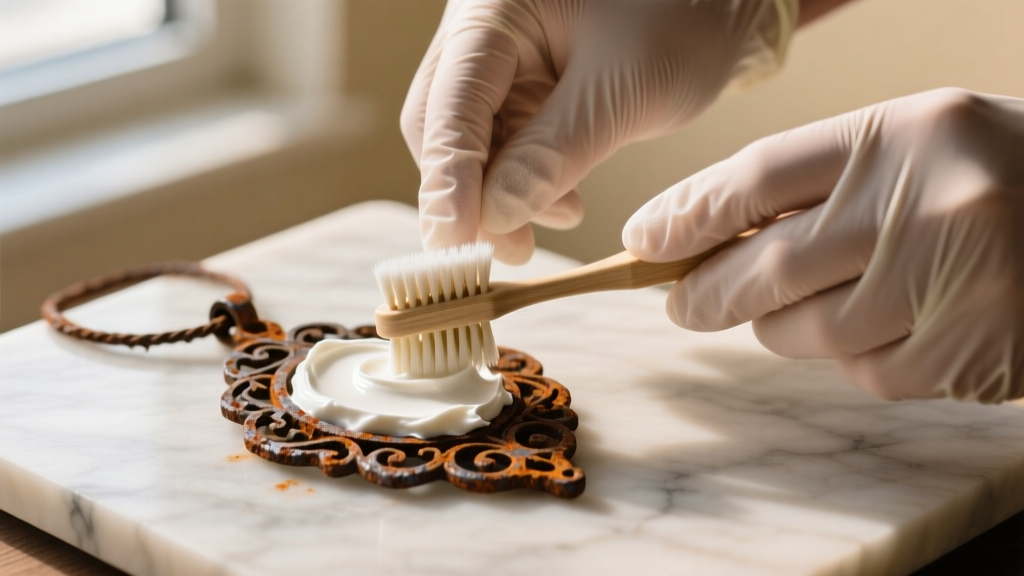 Hands wearing nitrile gloves using a soft-bristled toothbrush to apply a baking soda paste to a rusted vintage iron pendant