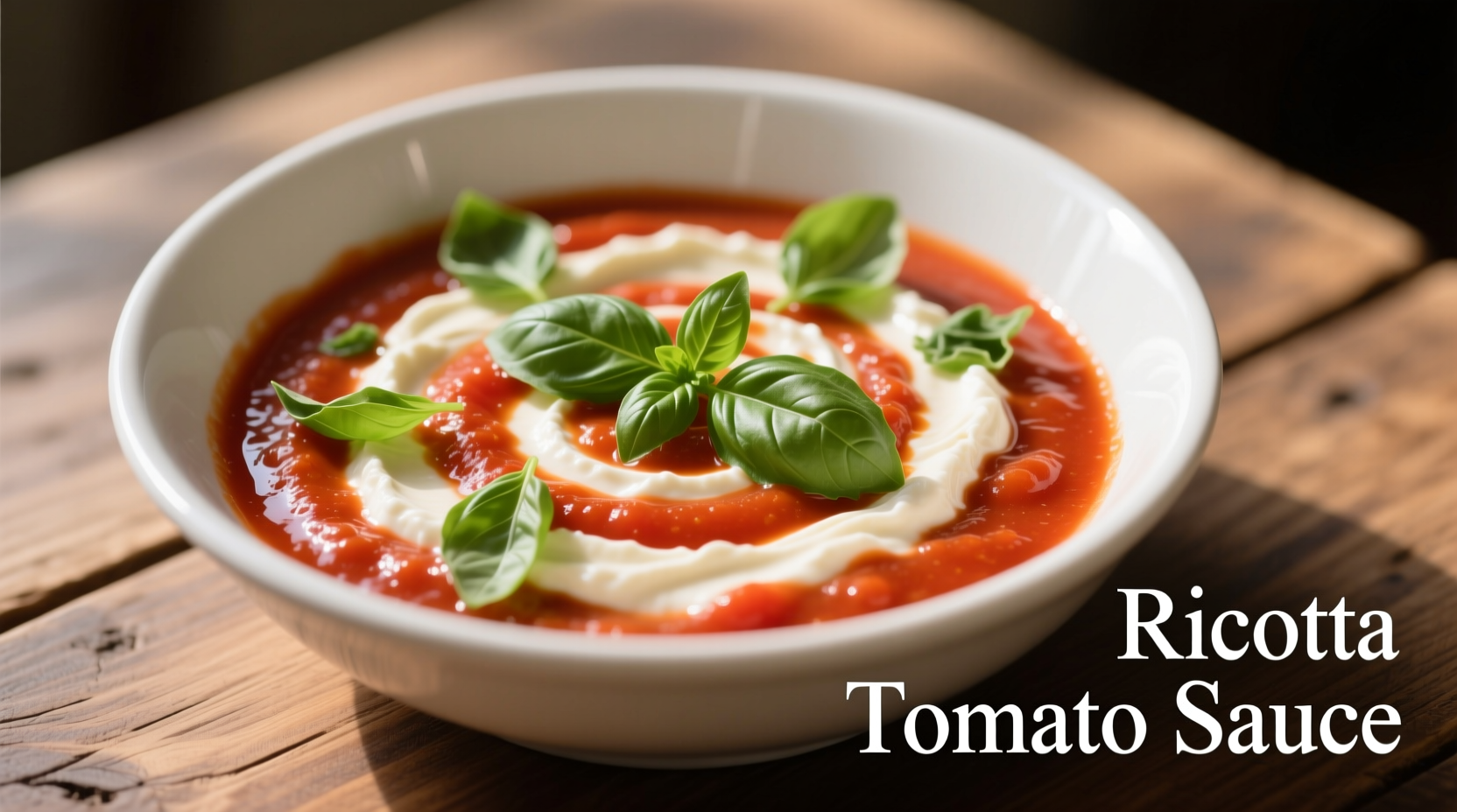 Creamy ricotta tomato sauce in white bowl with fresh basil garnish
