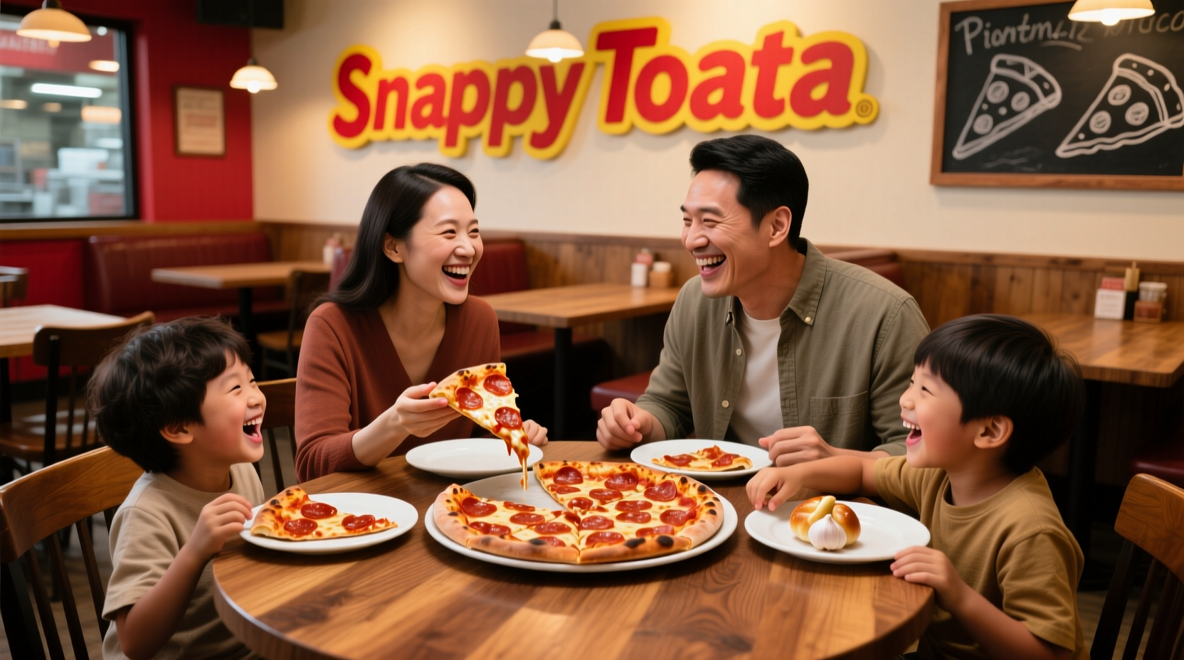 Family enjoying pizza at Snappy Tomato dining area