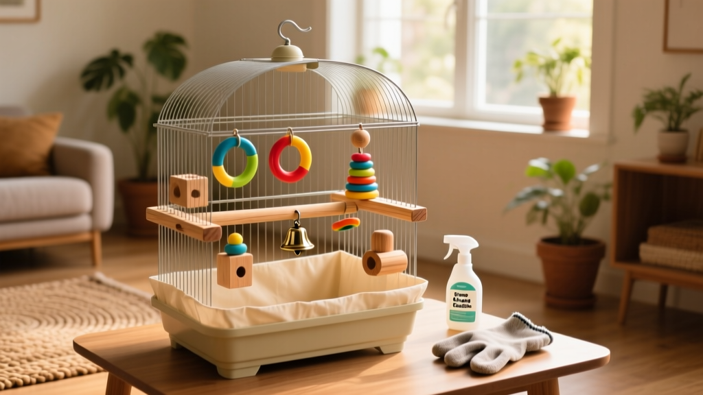 A tidy, well-maintained bird cage with fresh liner, clean perches, and organized toys