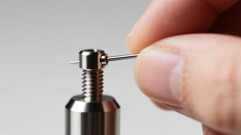 Hands inserting a threadless earring pin into a titanium post, demonstrating the slight bend required for a secure tension fit