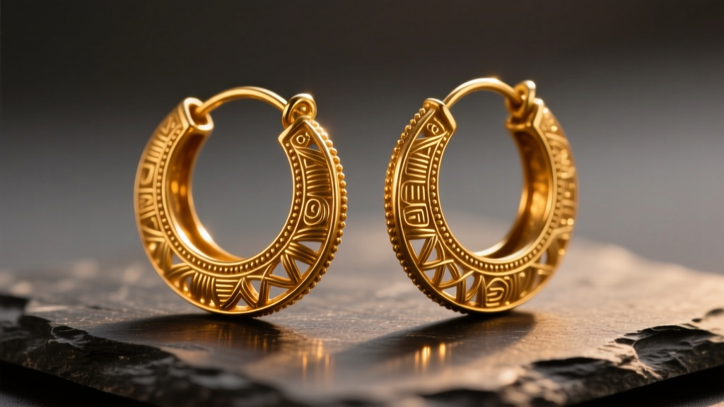 Macro shot of ancient Sumerian gold hoop earrings on dark slate, warm lighting highlighting intricate filigree metal details.