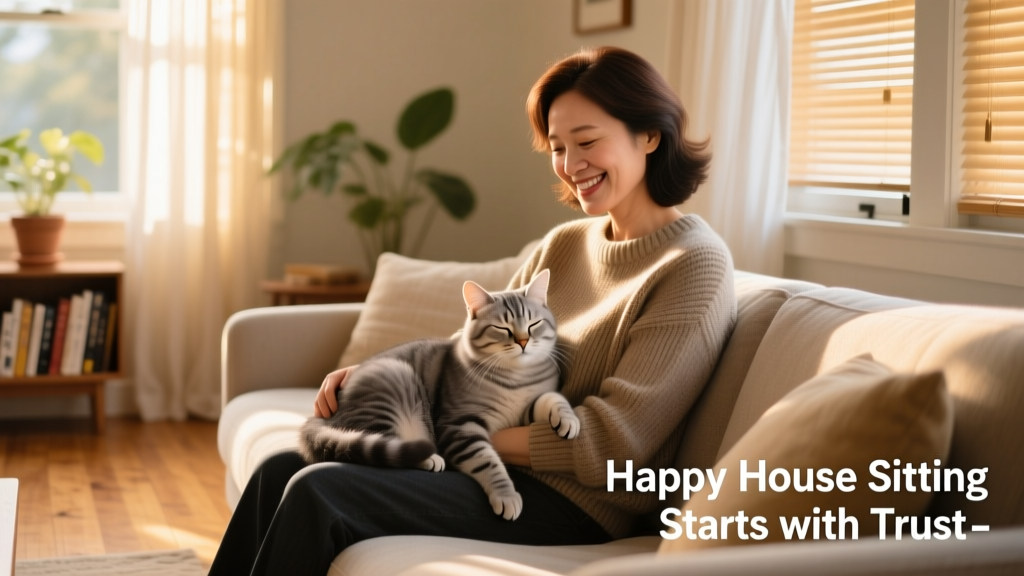A friendly house sitter smiling while gently holding a calm cat on a sunlit living room sofa