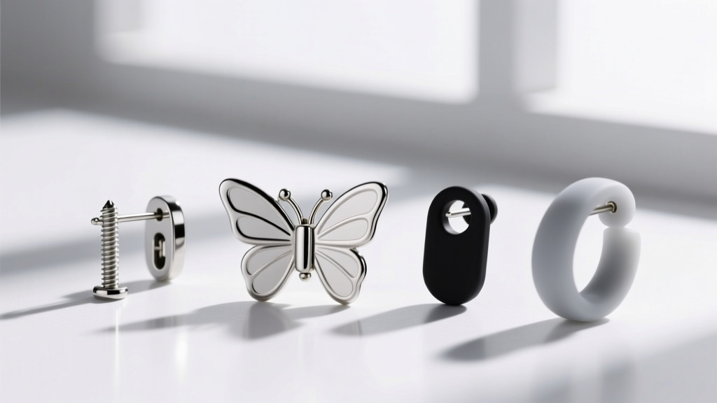 Side profile comparing three earrings stud backings: a standard butterfly clutch, a threaded screw-back, and a silicone La-back