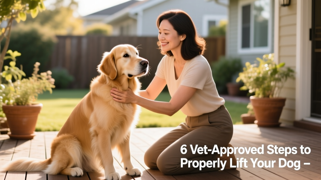 Photograph of a person kneeling beside a medium-sized dog, hands correctly positioned under chest and hind end before lifting