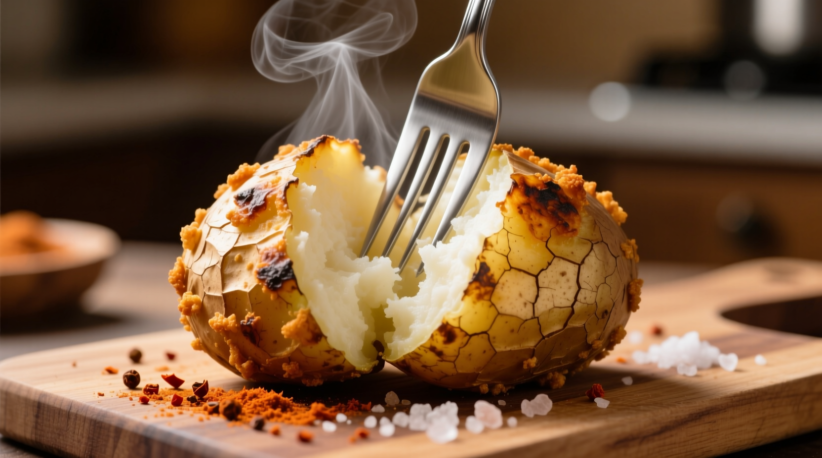 Crispy air fried baked potato with fork showing fluffy interior