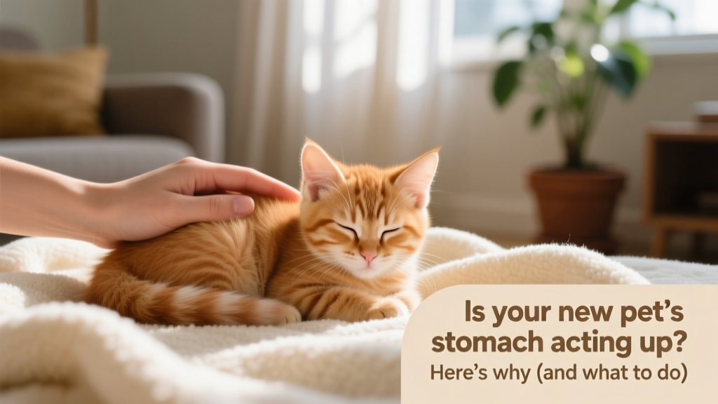 A calm, gentle hand petting a relaxed kitten on a soft blanket