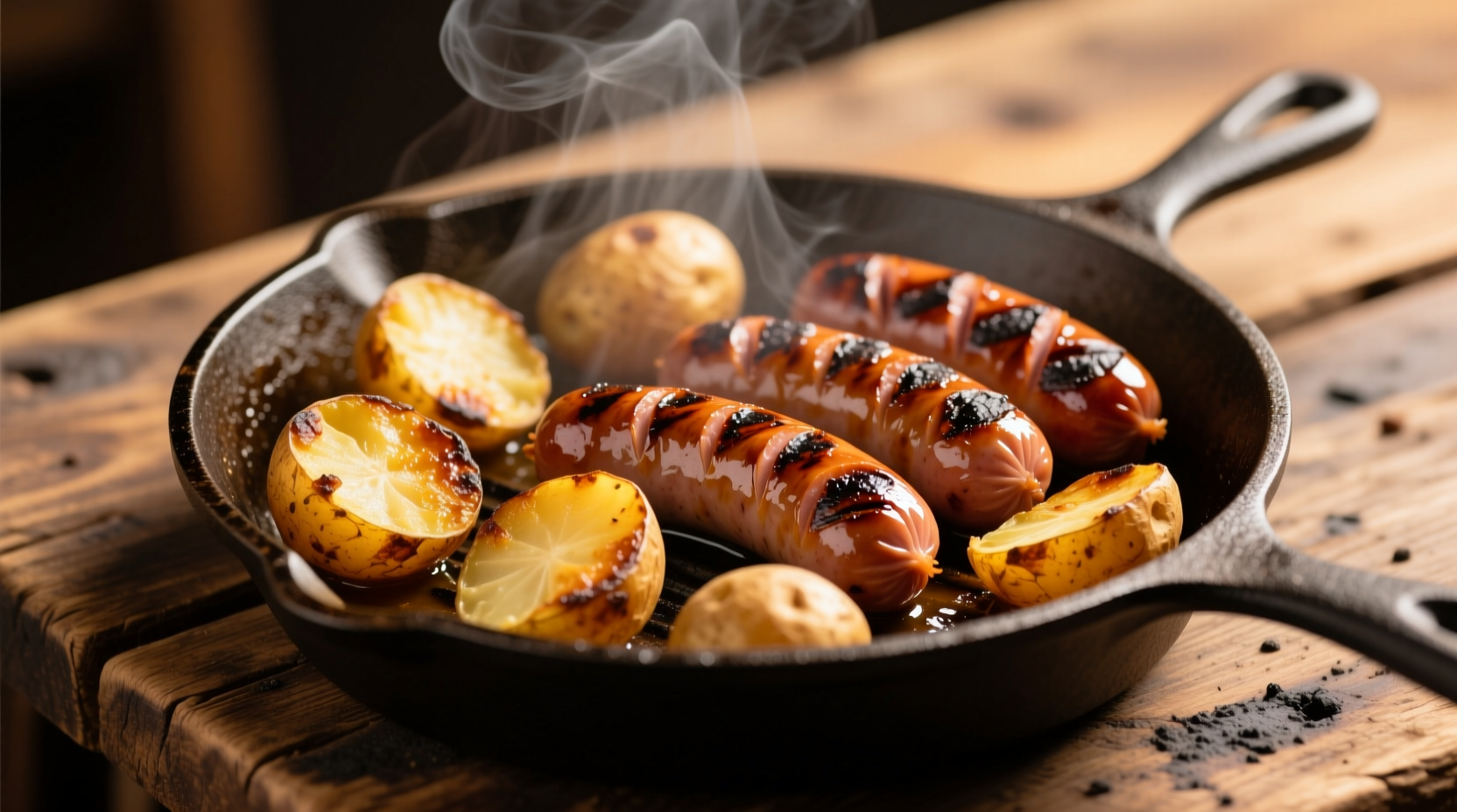 Golden roasted potatoes and grilled sausages on cast iron