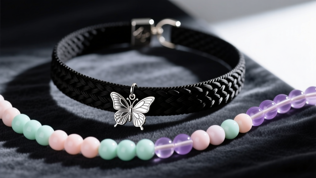 Close-up flat lay of a black woven nylon tattoo choker, sterling silver butterfly pendant, and pastel acrylic beads on dark velvet