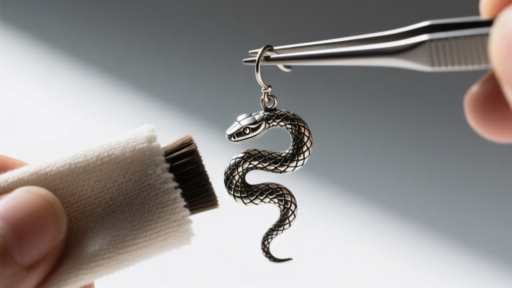 A soft polishing cloth gently buffing the textured scales of an oxidized sterling silver snake dangle earring held by tweezers
