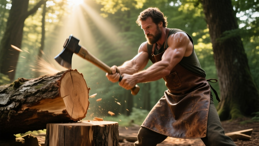 A rugged woodcutter swinging a heavy-duty splitting axe into a large oak log on a chopping block in a sunlit forest clearing.