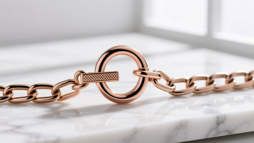 Elegant rose gold toggle clasp with a textured T-bar and wide circular ring, fastening a thick paperclip chain on a marble surface