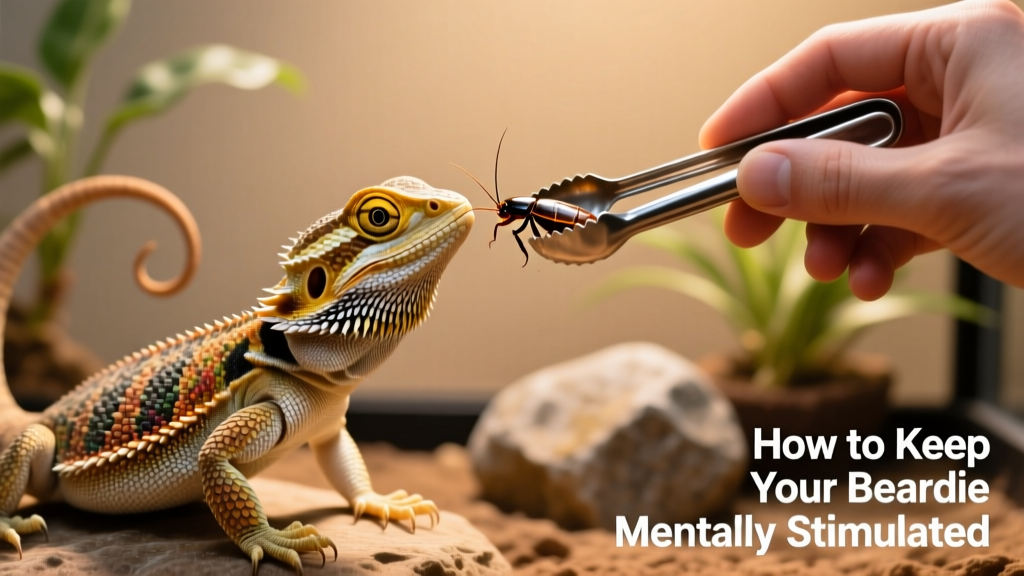 A hand offering a dubia roach with feeding tongs while a bearded dragon watches attentively