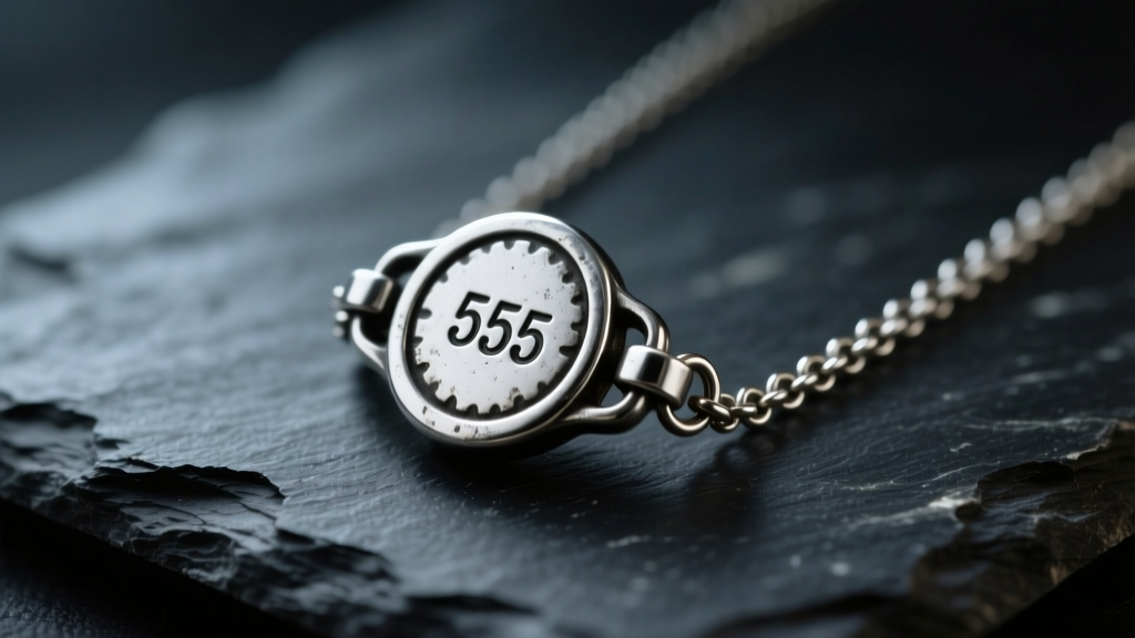 Macro shot of a vintage 555 silver necklace clasp with a clear hallmark stamp, resting on dark slate under moody lighting