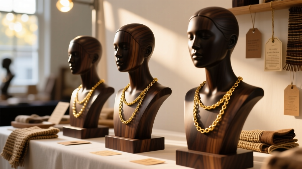 A beautifully lit craft fair booth featuring dark walnut necklace display busts holding delicate gold chains, warm ambient lighting