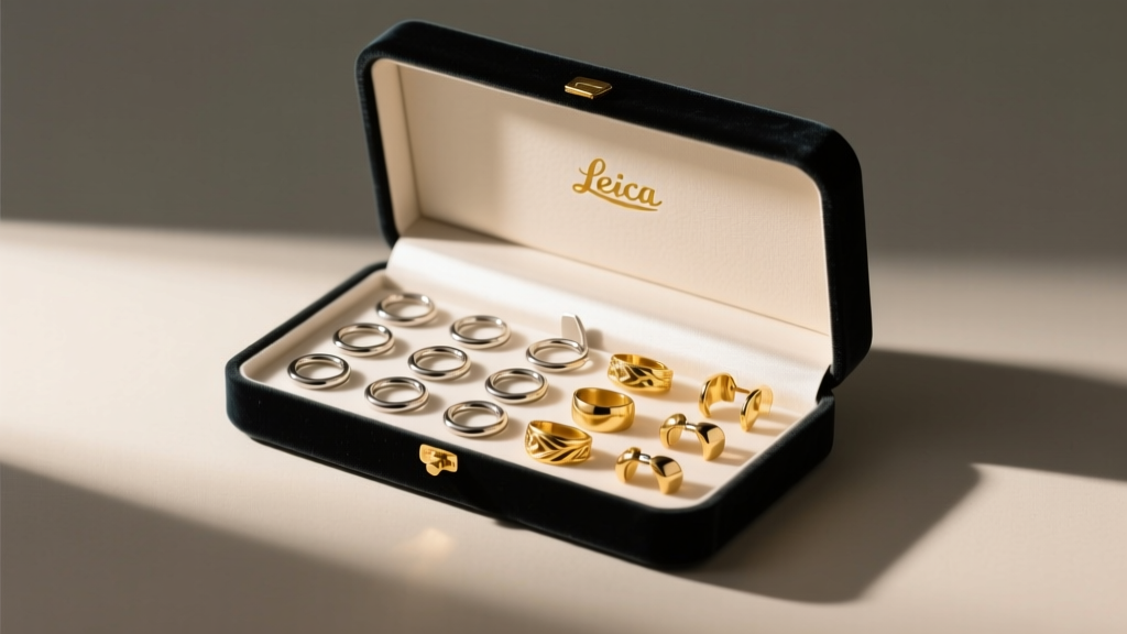 Open velvet gift box displaying 16-gauge titanium huggies and 14k gold ear cuffs, illuminated by warm directional spotlight
