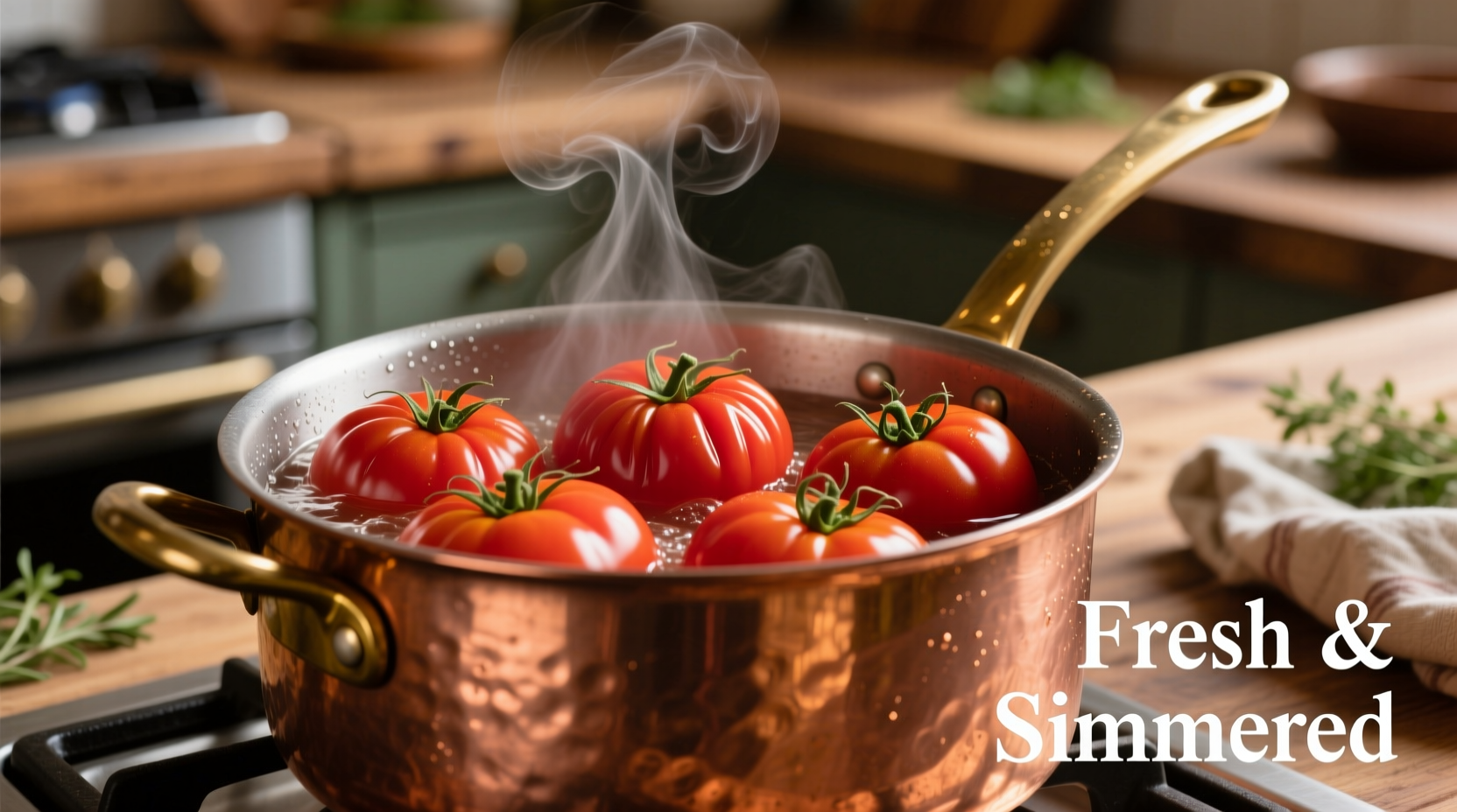 Fresh Roma tomatoes simmering in a copper pot