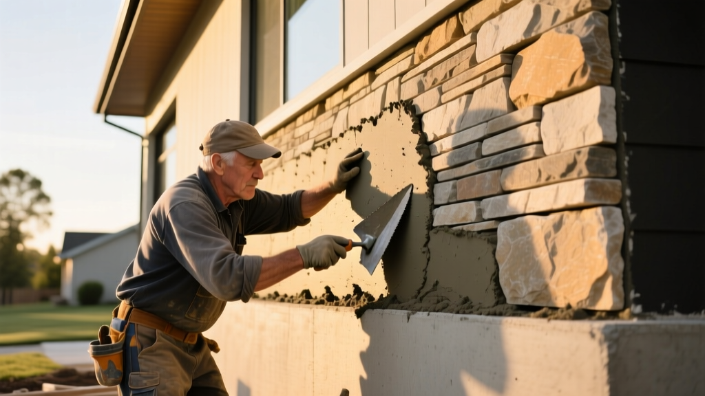 Experienced mason applying mortar to install faux stacked stone veneer panels on an exterior home facade during a sunny afternoon