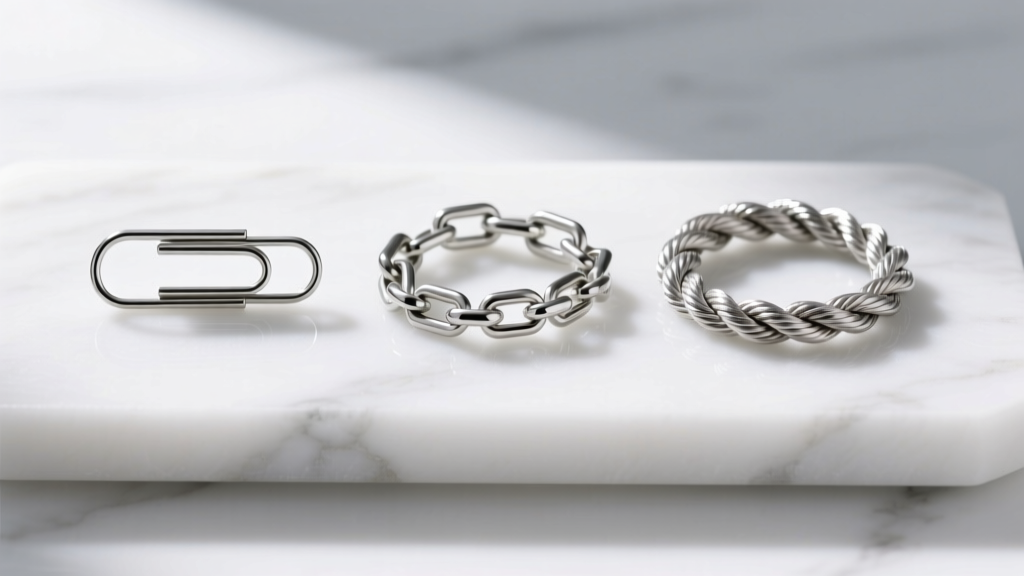 Silver chain links side-by-side: hollow paperclip, solid Figaro, and twisted rope, displayed on a minimalist white marble slab