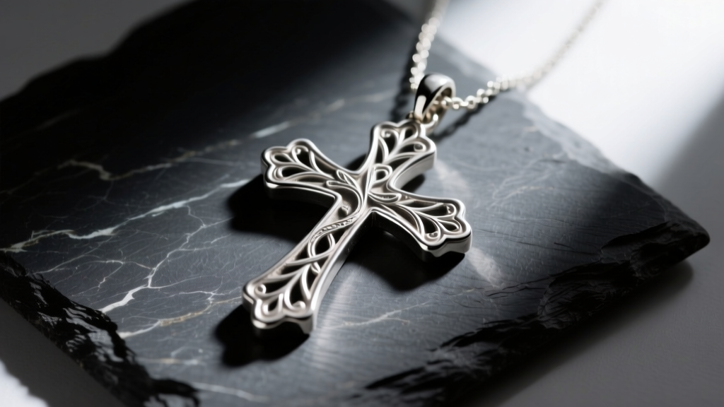 Macro shot of a sterling silver cross pendant with intricate lost-wax casting details, resting on dark slate, dramatic lighting.