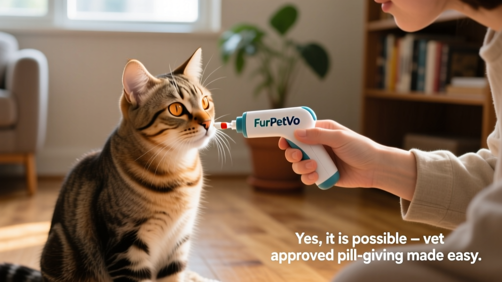 A person using a FurPetVo Pill Gun to gently administer a pill to a calm, seated cat