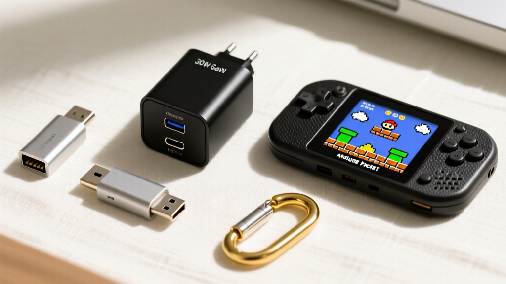 Flat lay of a tech setup with a 30W GaN charger, USB-C adapters, an Analogue Pocket playing a retro game, and a brass carabiner.