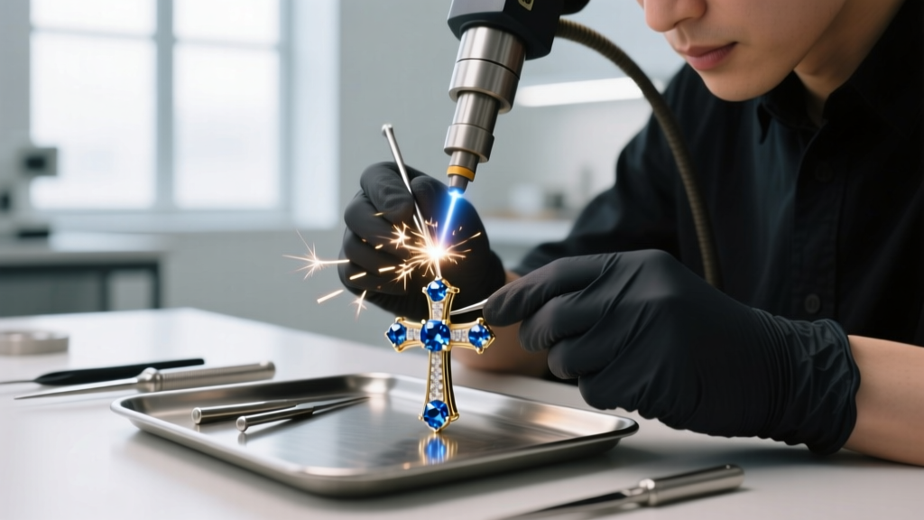Jeweler using a laser welder to fix a prong on a blue diamond cross pendant, preventing heat damage to treated gems