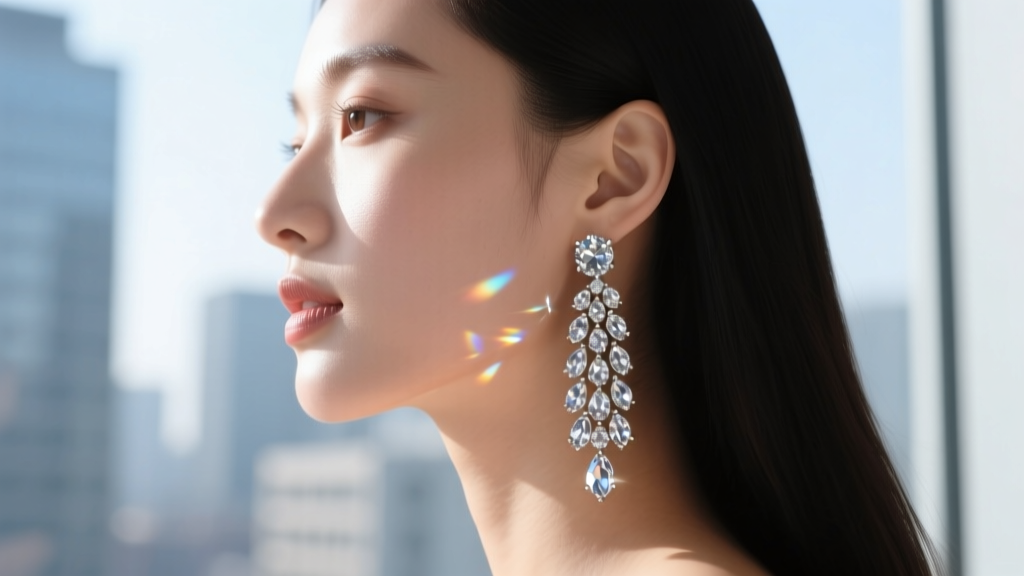 Side profile of a woman wearing a cascading rhinestone drop earring, showing how the stones reflect light against her jawline.