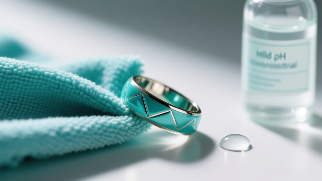 Microfiber cloth wiping a turquoise ring, with distilled water and mild pH-neutral soap visible in the softly blurred background.