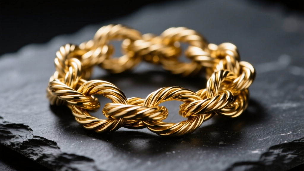 Macro shot of a tangled 14k gold cable chain on dark slate, illuminated by directional studio light revealing tight knots