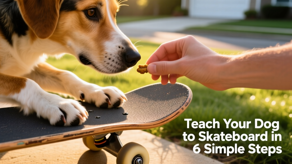 Close-up of a dog’s paws resting on a skateboard deck while a hand offers a treat