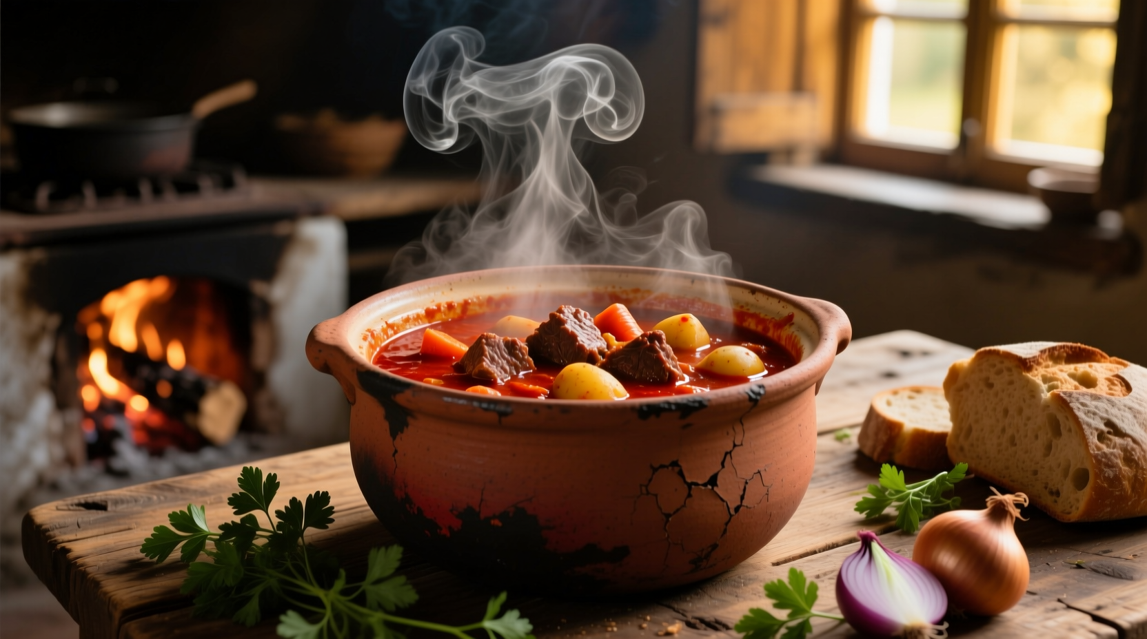 Hungarian goulash in traditional clay pot with steam rising